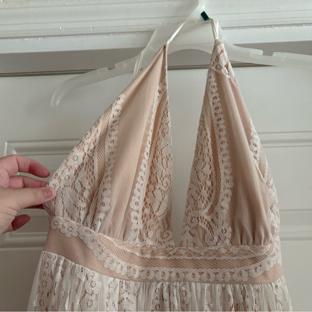Luxxel Lace Halter Neck Maxi Dress in Cream